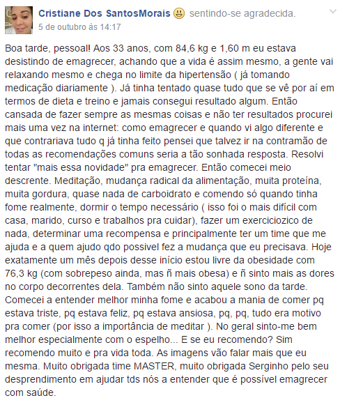 chega de dieta - desafio master - Depoimento Cristiane Dos Santos